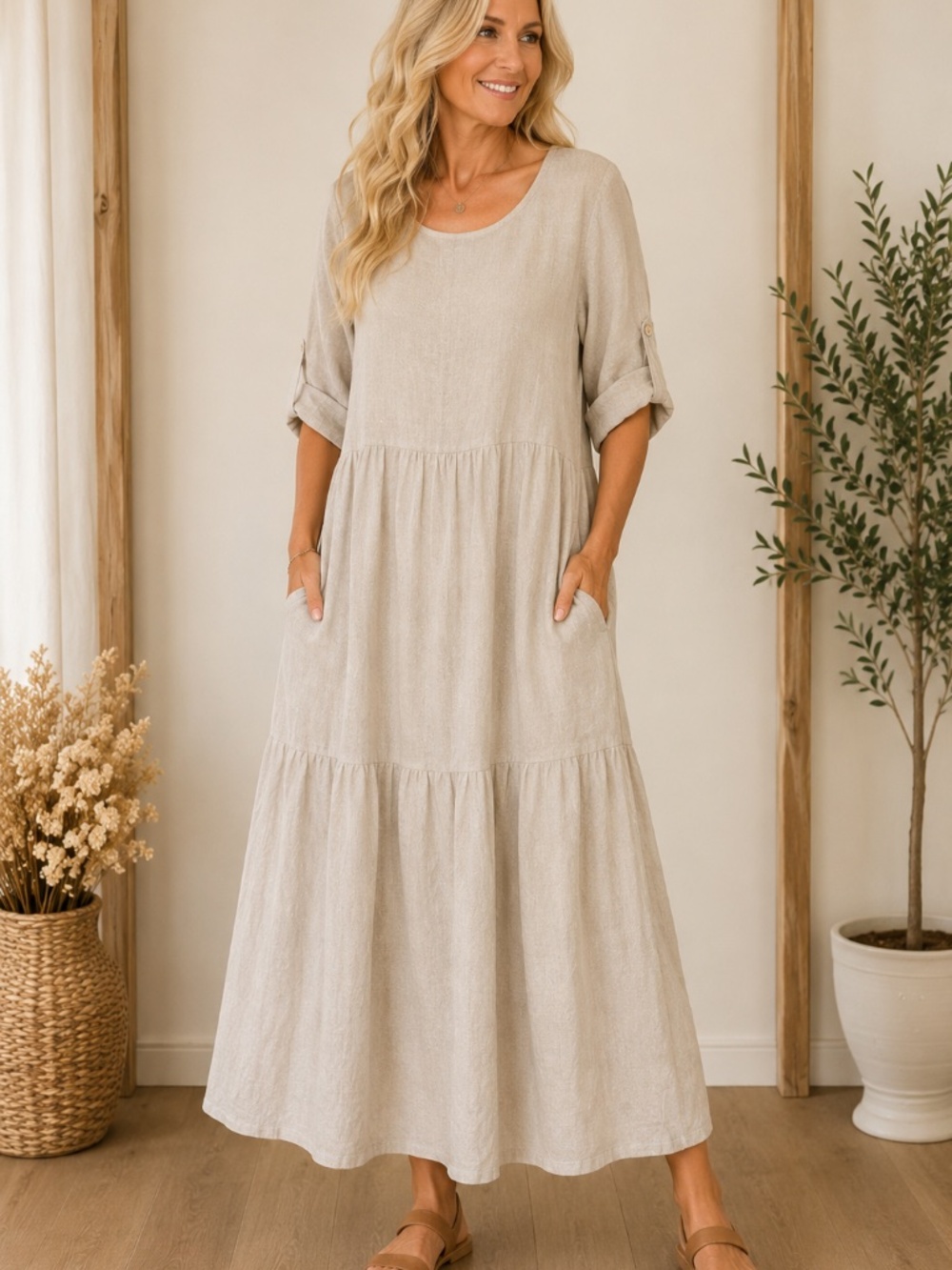 "Made in Italy"- Beige Linen Tiered Maxi Dress Roll Tab Sleeves Lagenlook Boho